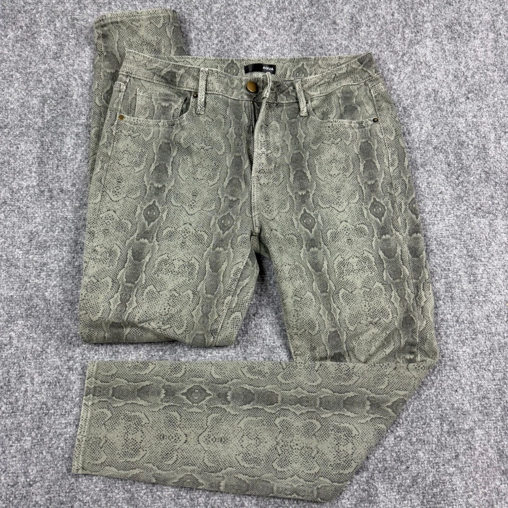 Aqua Skinny Jeans Women 28 Olive Green Snakeskin Print Stretch Denim